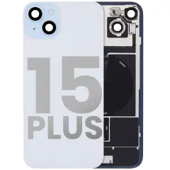 Back Glass With Steel Plate With Wireless NFC Charging MagSafe Magnet & Flashlight Flex Compatible For iPhone 15 Plus (Used OEM Pull: Grade A) (Blue)