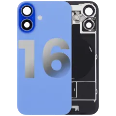 Back Glass With Steel Plate With Wireless NFC Charging MagSafe Magnet & Flashlight Flex Compatible For iPhone 16 (Used OEM Pull: Grade B) (Ultramarine)